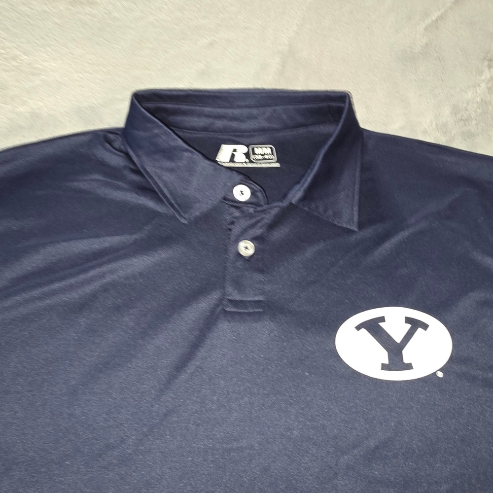 Russell Athletic BYU Cougars Polo Shirt Mens Medium Navy Blue Performance Logo‎
